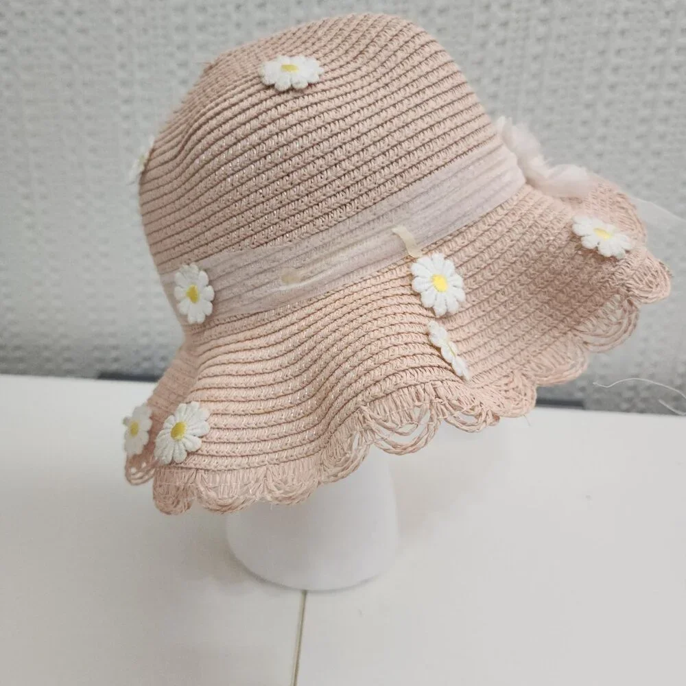 Vintage Blush Straw Sun Hat Floral Appliqué Ribbon Cottagecore Light Pink - Picture 5 of 9